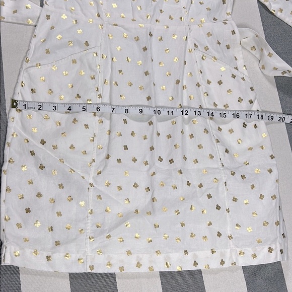 Boden Womens Linen Dress White Gold Print V Neck Belted 3/4 Sleeve Petite 6P - Picture 8 of 12